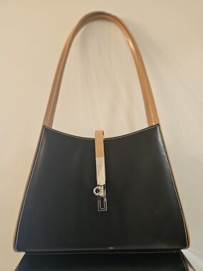 Heys Two-Tone Black and Tan Shoulder Tote with Silver Hardware